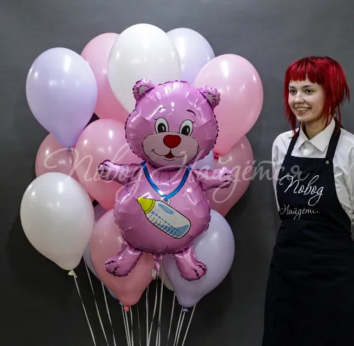 Рождение девочки Облако шаров "Розовый мишка"