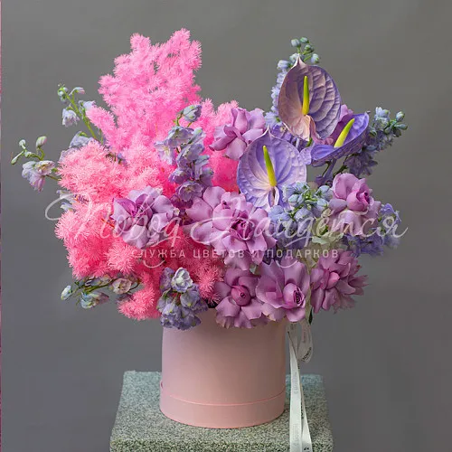 Цветы в шляпной коробке Корзина Розовый бриз